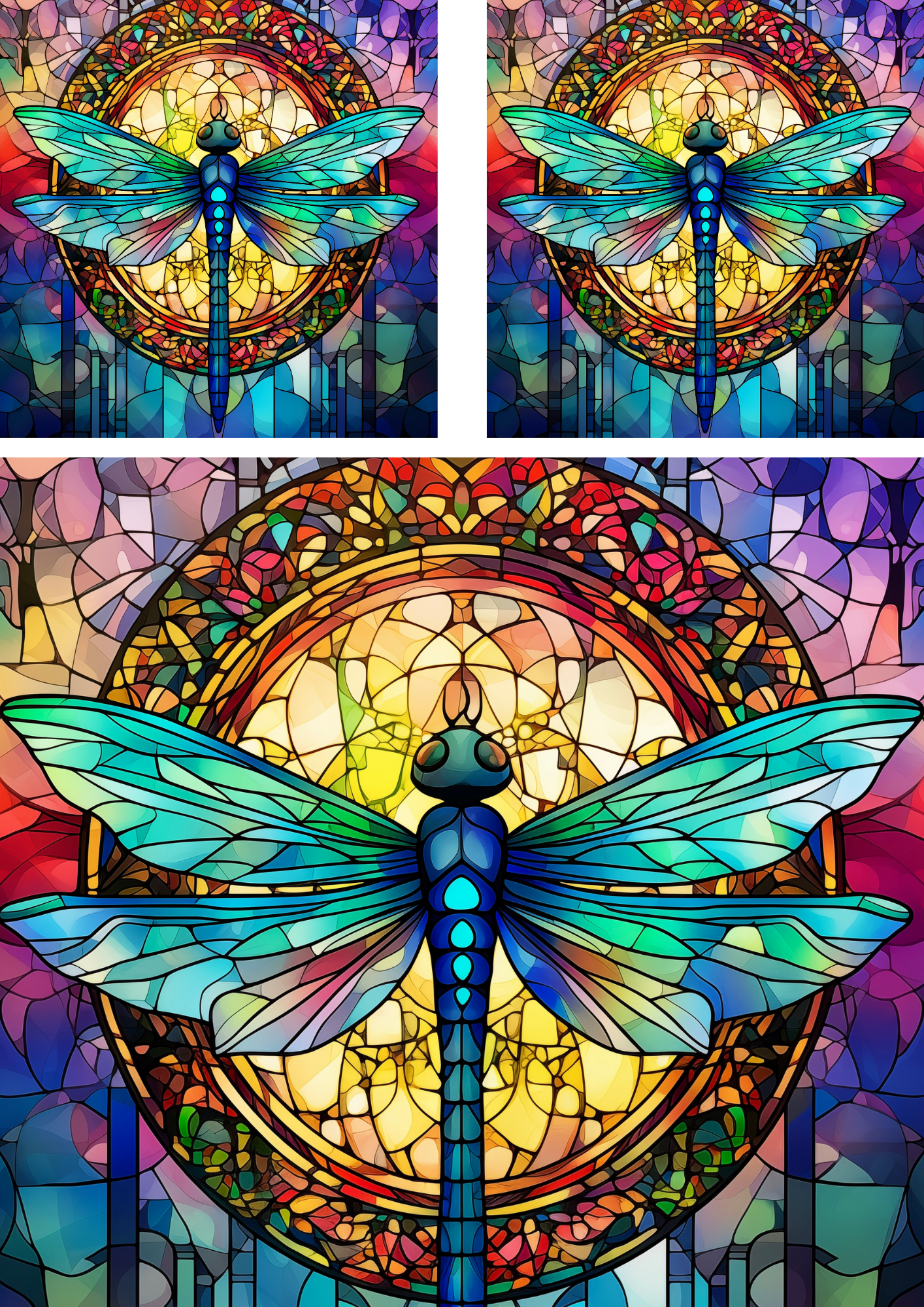 Sticker Sheet / Greeting Card – Dragonfly In Stained Glass 3 Collage Cat. No. 4233
