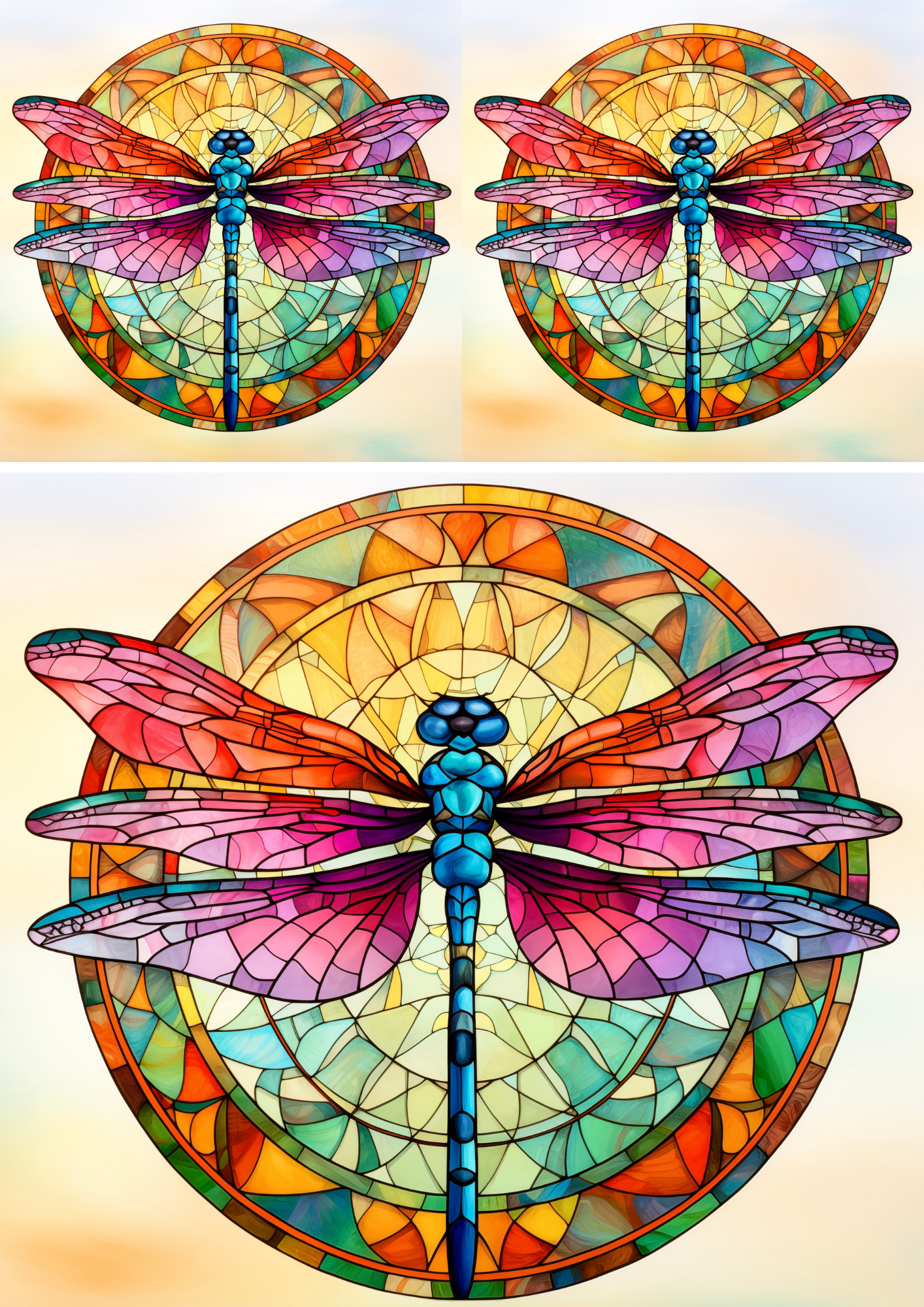 Sticker Sheet / Greeting Card – Dragonfly In Stained Glass 4 Collage Cat. No. 4234