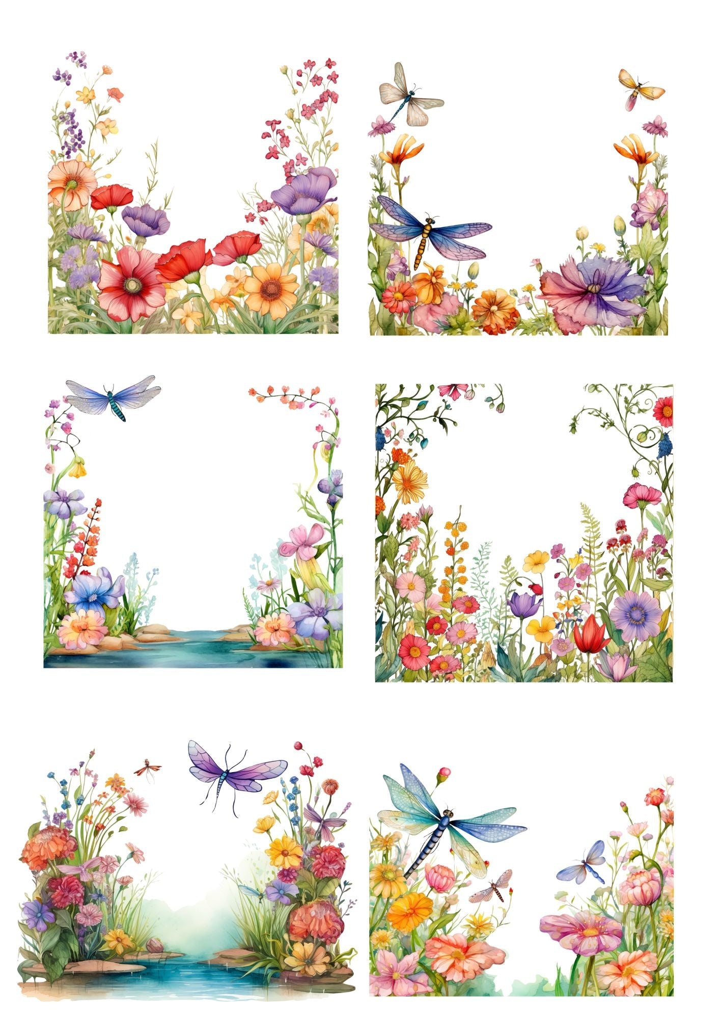 Sticker Sheet / Greeting Card – Spring Colorful Flowers And Dragonfly Collage Cat. No.4236