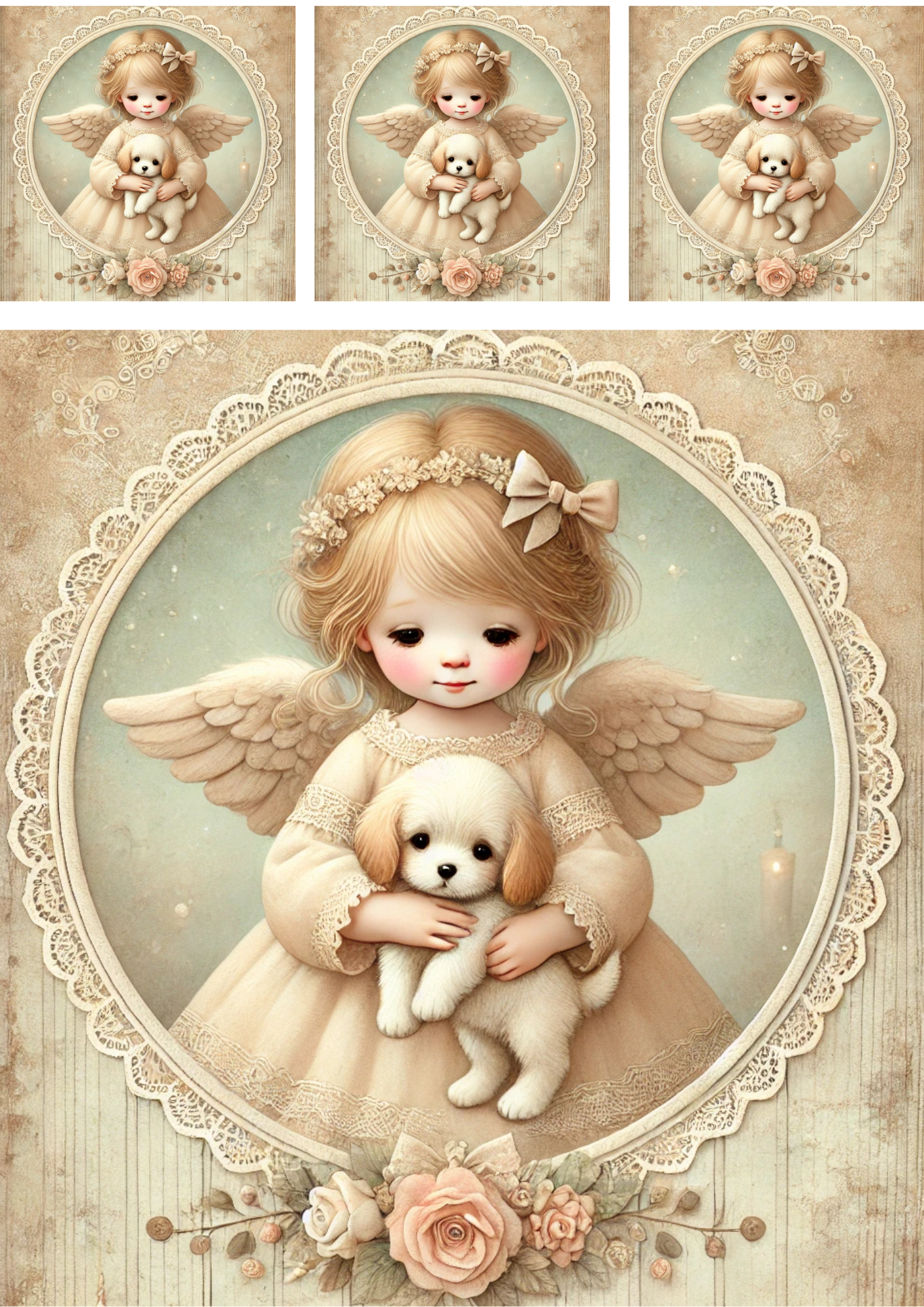 Sticker Sheet / Greeting Card – Angel With Little Dog 2 Collage Cat. No. 4239
