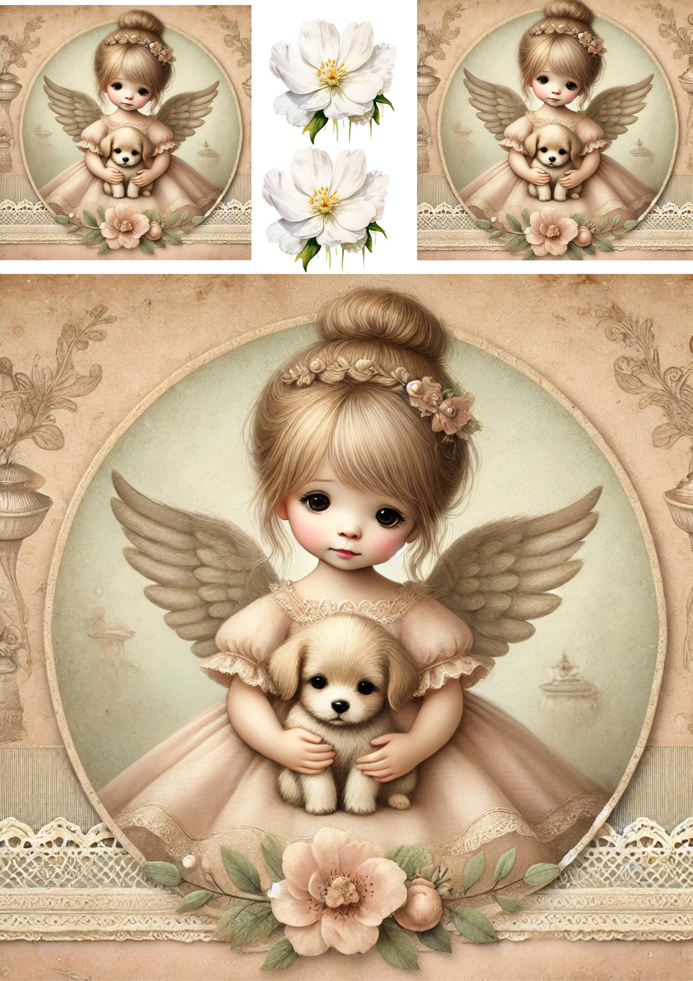 Sticker Sheet / Greeting Card – Angel With Little Dog 3 Collage Cat. No. 4240