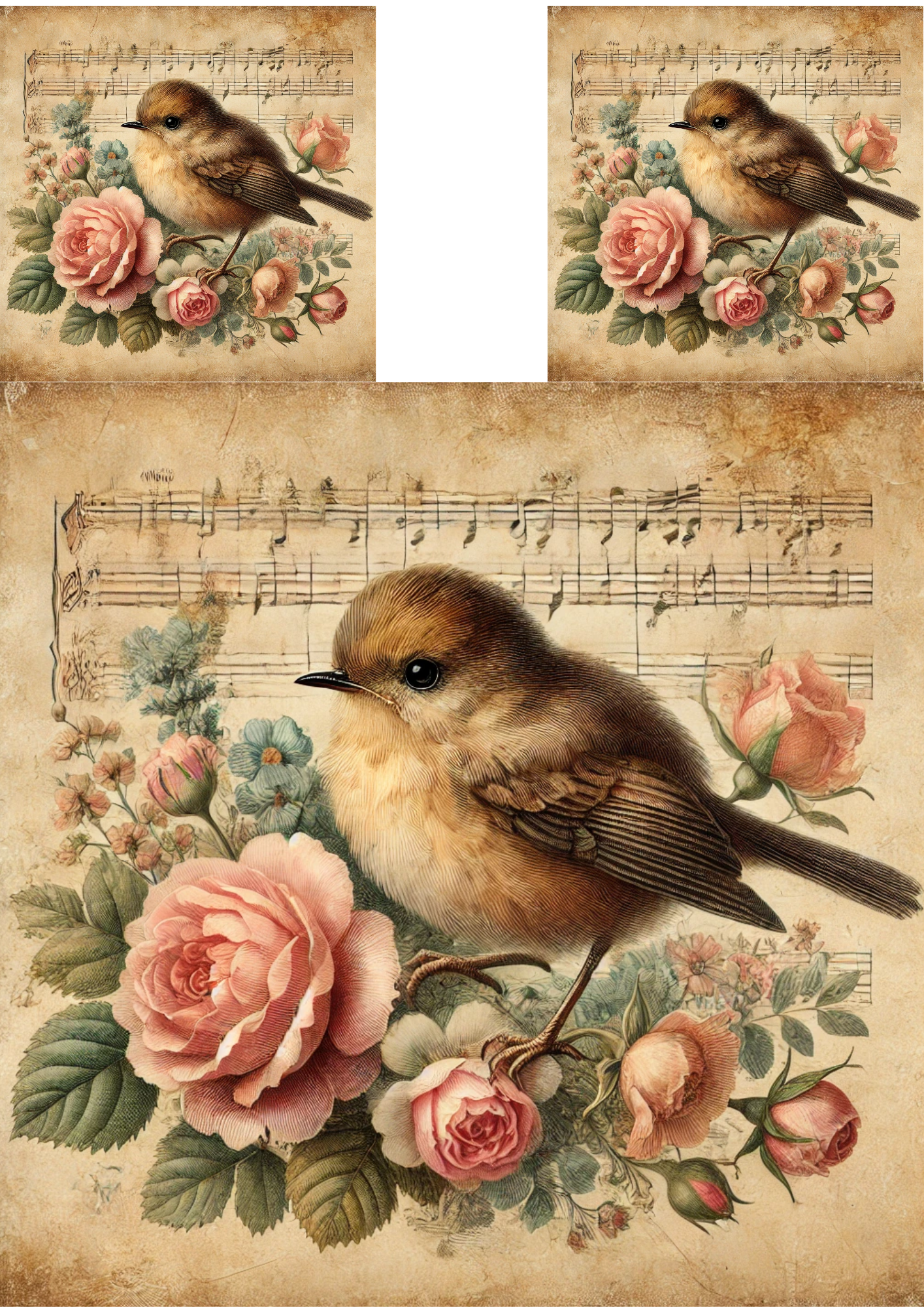 Sticker Sheet / Greeting Card – Bird On A Bouquet Of Roses Vintage Collage Cat. No. 4249
