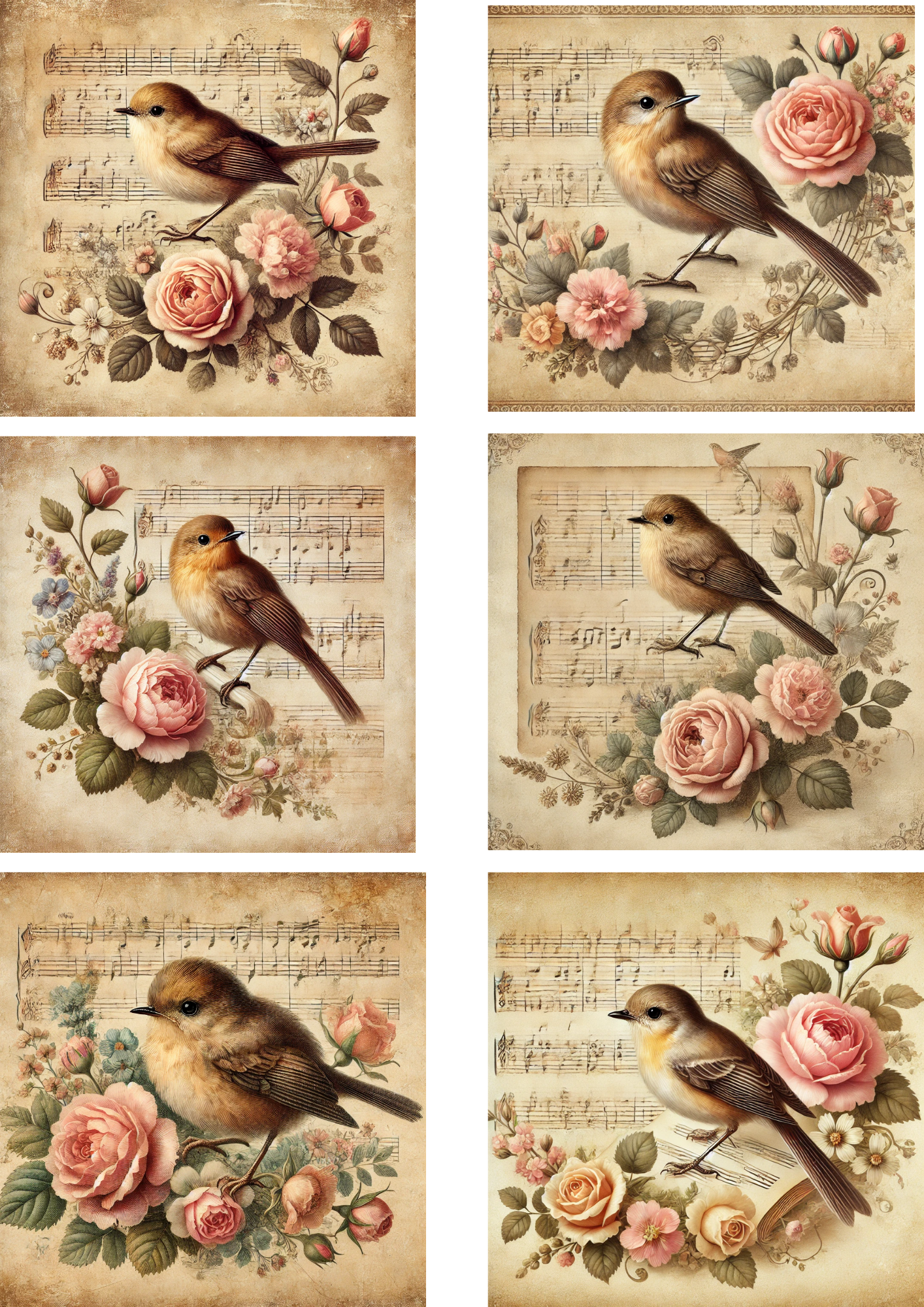 Sticker Sheet / Greeting Card – Bird On A Bouquet Of Roses 2 Vintage Collage Cat. No. 4250