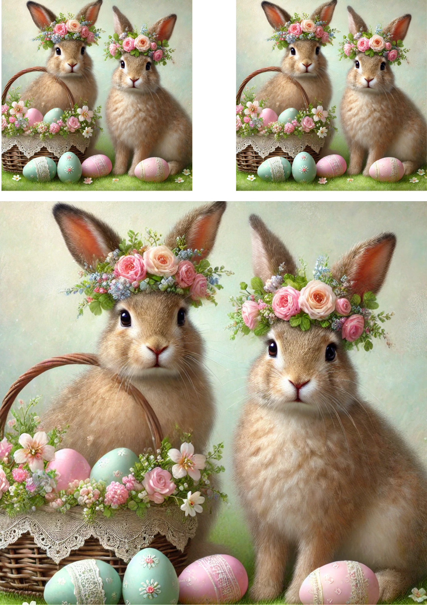 Sticker Sheet – Easter Bunnies In Wreaths With A Basket With Easter Eggs Collage Cat. No.4254