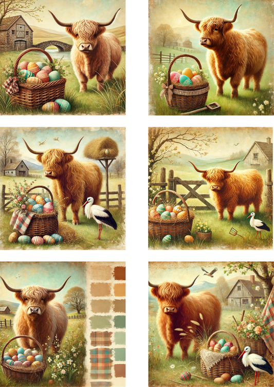 Sticker Sheet – Highland Cow With Basket Of Easter Eggs Schabby Chic Collage Cat. No.. 4267