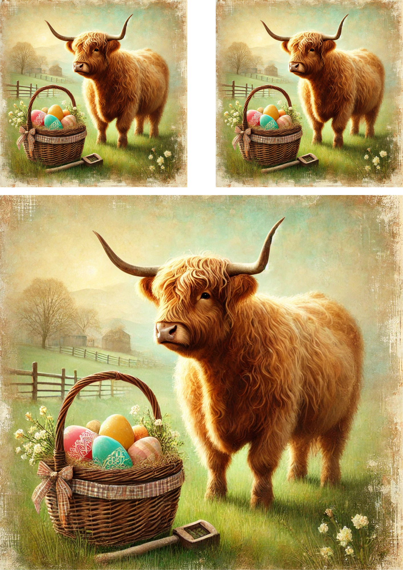 Sticker Sheet – Highland Cow With Basket Of Easter Eggs Schabby Chic 2 Collage Cat. No.. 4268