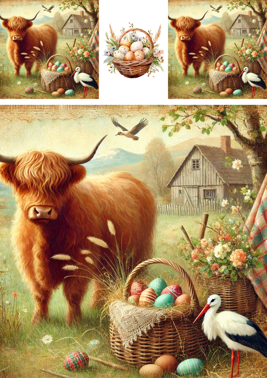 Sticker Sheet – Highland Cow With Basket Of Easter Eggs Schabby Chic 3 Collage Cat. No. 4269