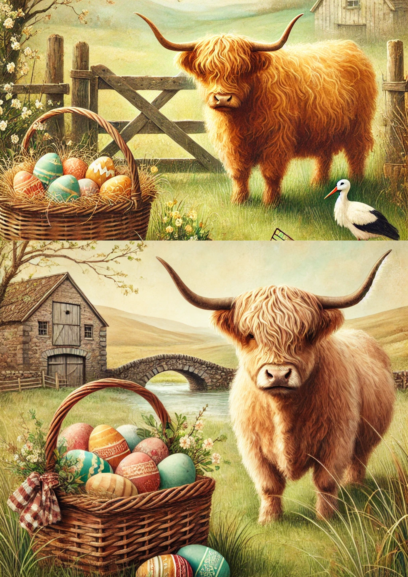 Sticker Sheet – Highland Cow With Basket Of Easter Eggs Schabby Chic 4 Collage Cat. No. 4270