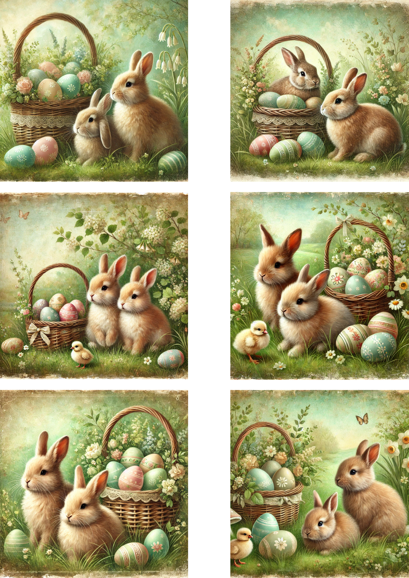 Sticker Sheet – Easter Bunnies With Basket Of Easter Eggs 3 Schabby Chic Collage Cat. No. 4273