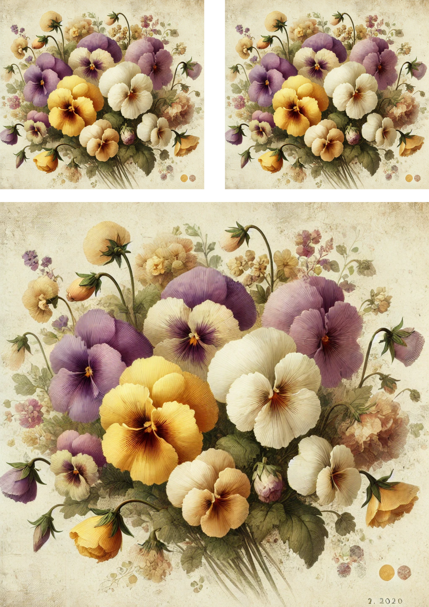 Sticker Sheet / Greeting Card – Pansy Bouquet Shabby Chic Collage Cat. No. 4274