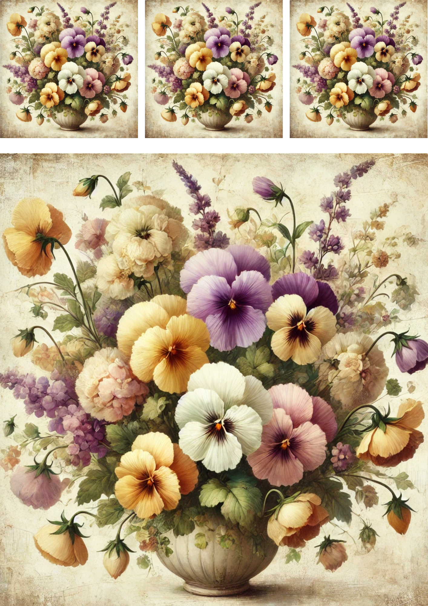 Sticker Sheet / Greeting Card – Bouquet of Pansies in a Vase Shabby Chic Collage Cat. No. 4275