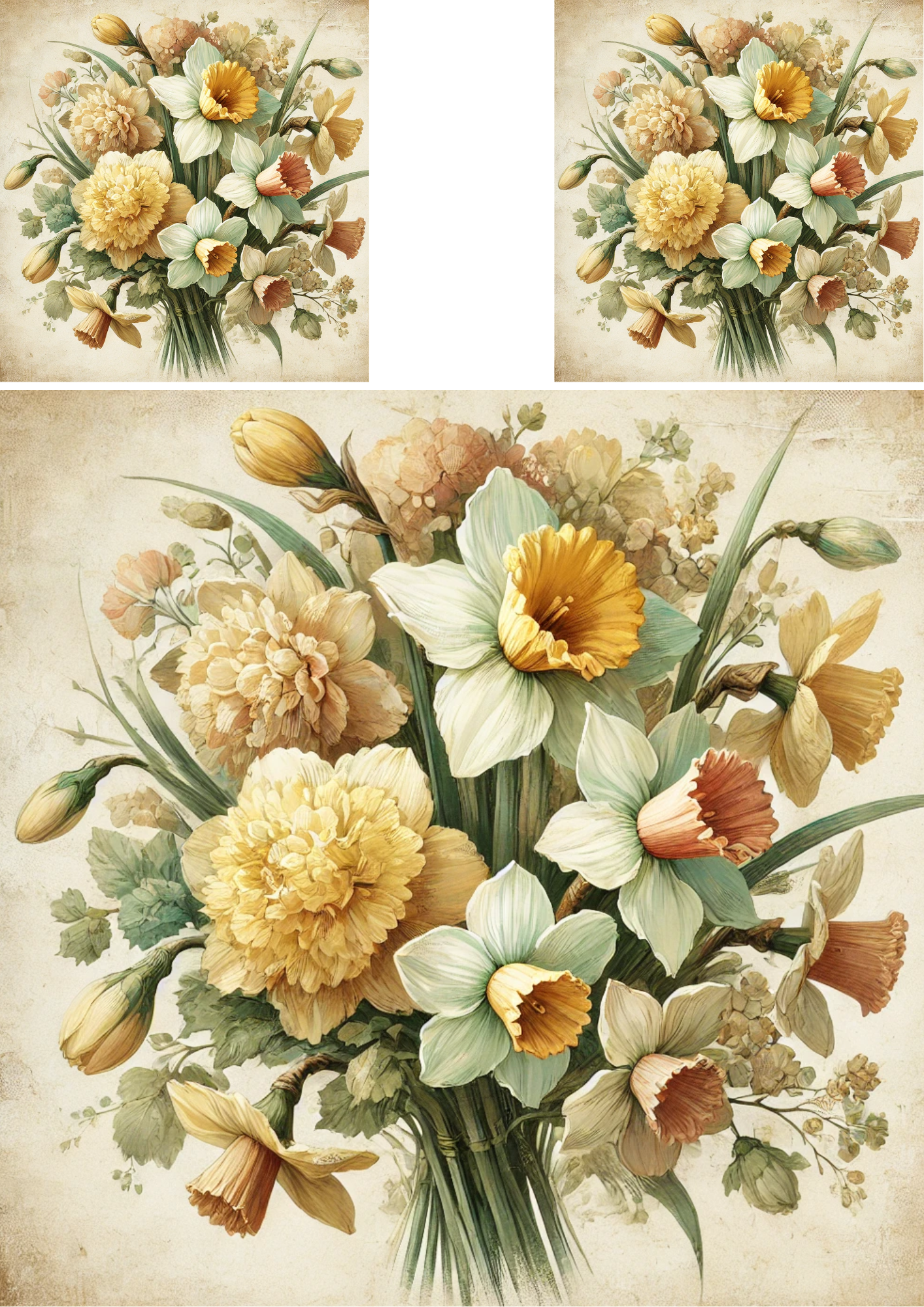Sticker Sheet / Greeting Card – Bouquet of Daffodils In A Vase Shabby Chic Collage Cat. No. 4276