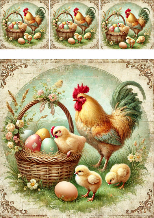 Sticker Sheet – Rooster With Basket Of Easter Eggs Shabby Chic Collage Cat. No. 4278