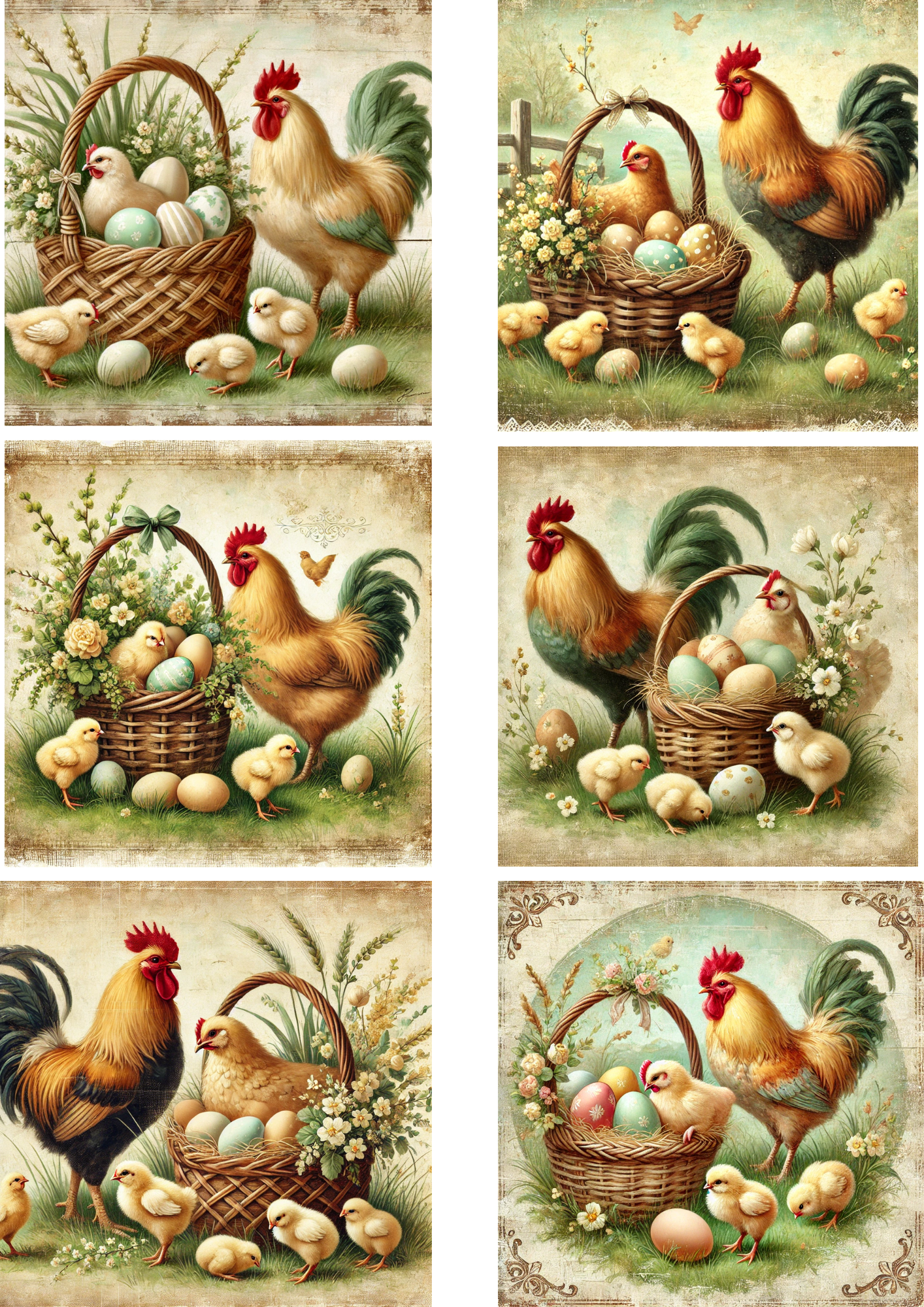 Sticker Sheet – Rooster With Basket Of Easter Eggs 2 Shabby Chic Collage Cat. No. 4279