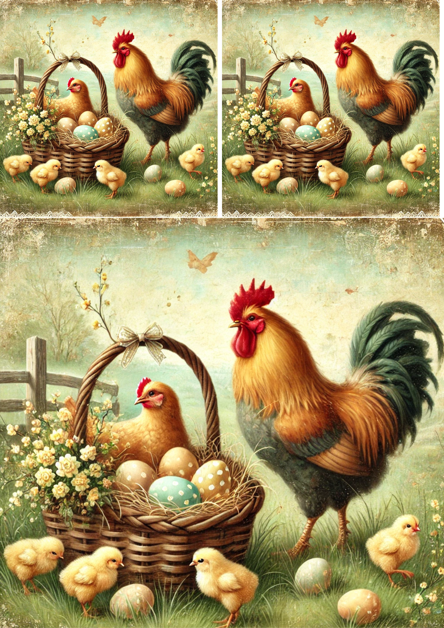 Sticker Sheet – Rooster With Basket Of Easter Eggs 3 Shabby Chic Collage Cat. No. 4280