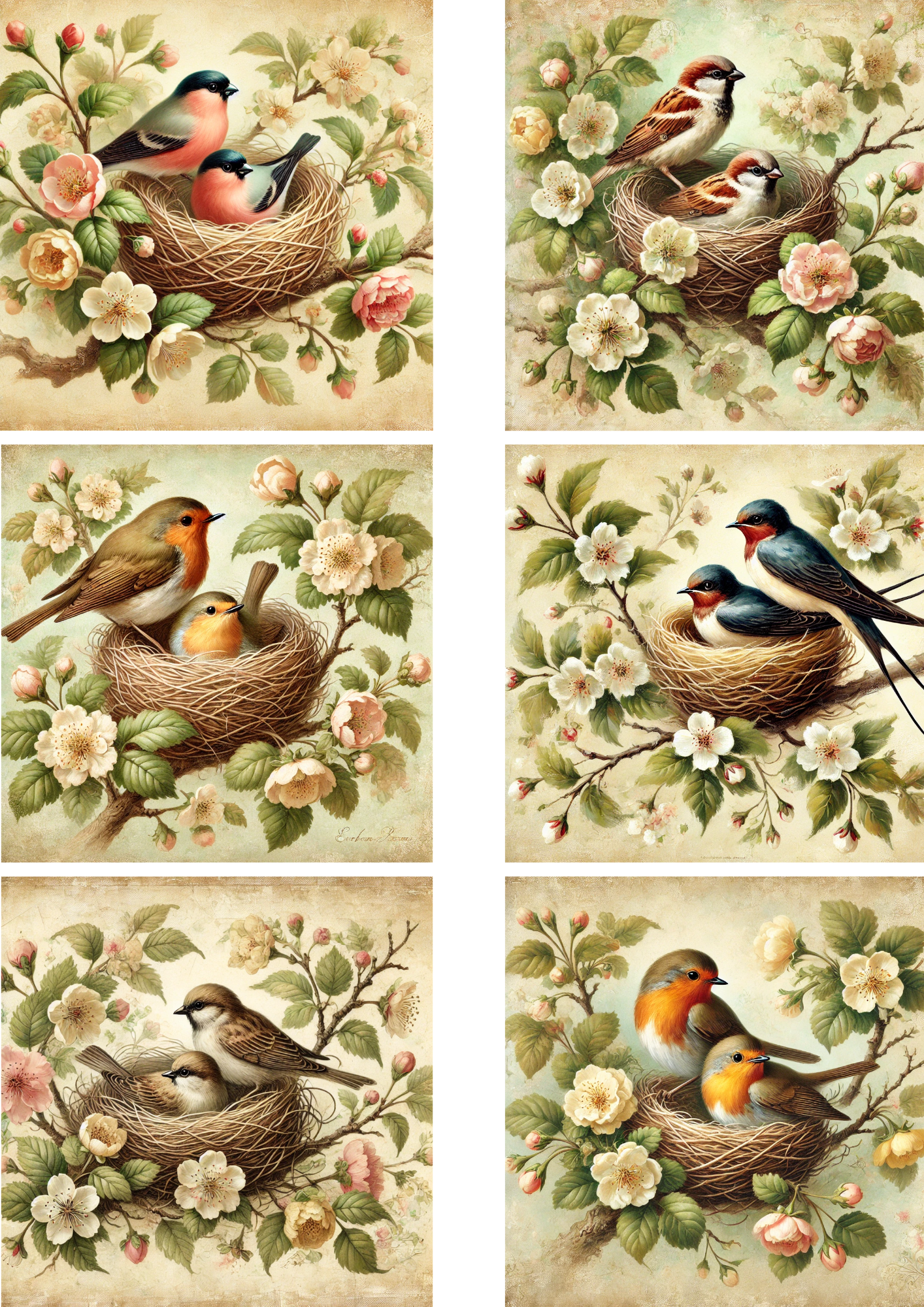 Sticker Sheet – Birds In A Nest Among Flowers Mix Schabby Chic Collage Cat. No. 4287