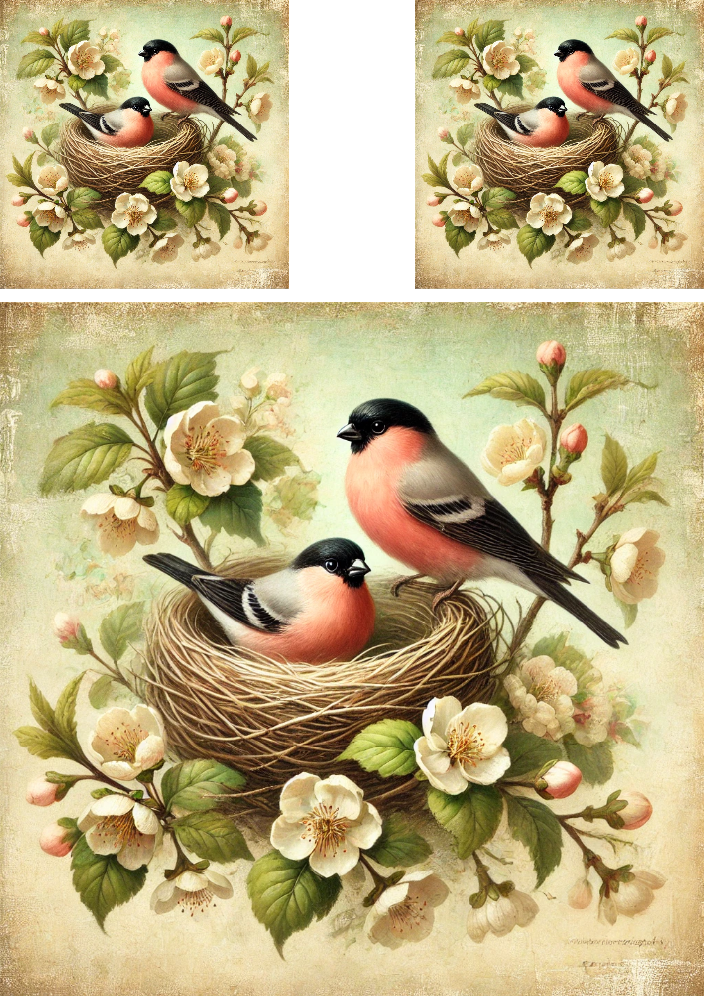 Sticker Sheet – Bullfinches In A Nest Among Flowers Shabby Chic Collage Cat. No. 4288