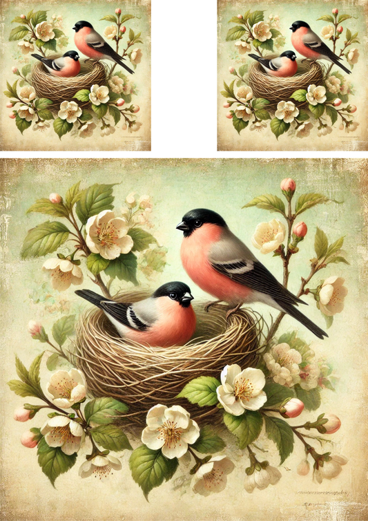Sticker Sheet – Bullfinches In A Nest Among Flowers Shabby Chic Collage Cat. No. 4288