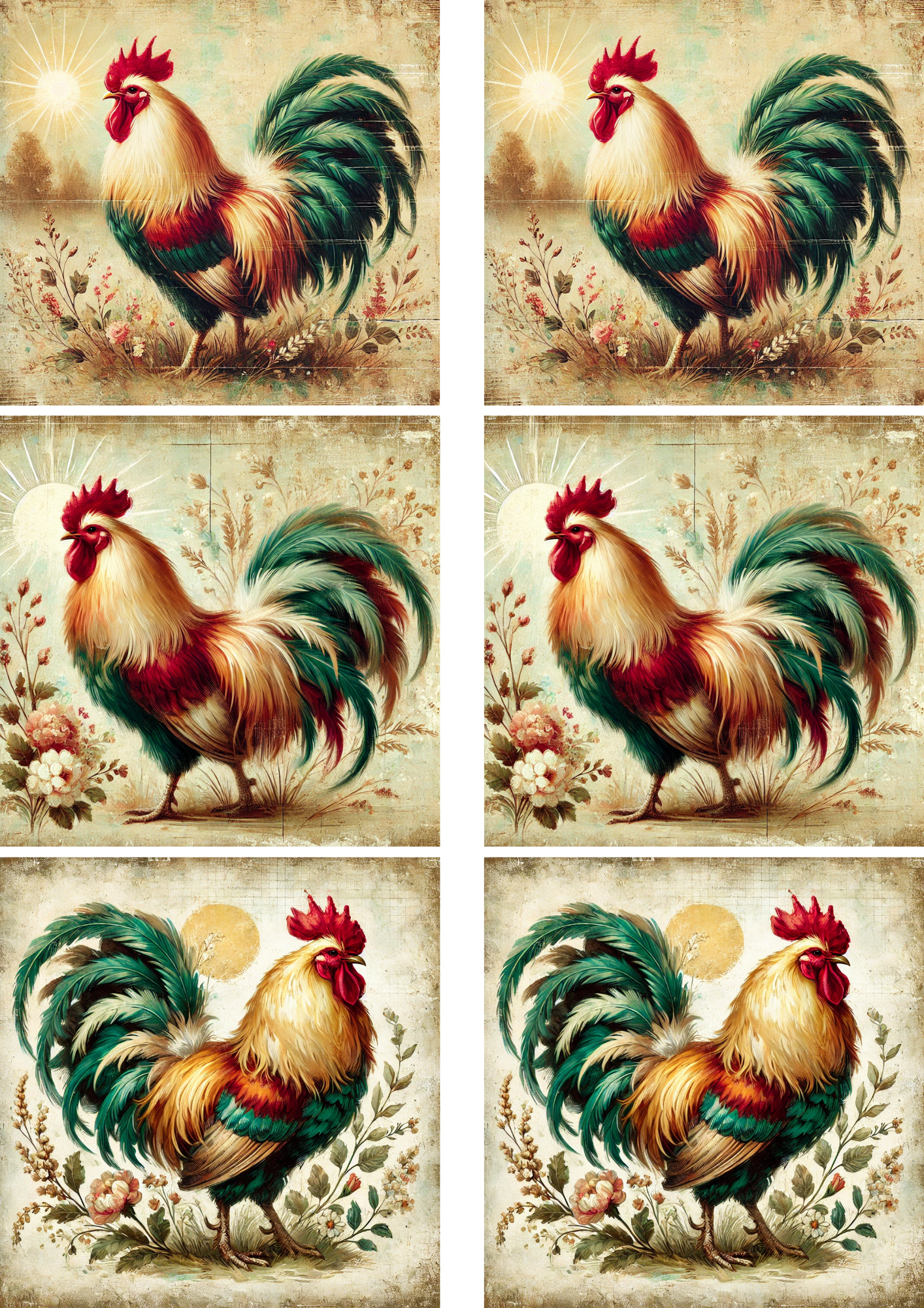 Sticker Sheet / Greeting Card – Rooster 3 Shabby Chic Collage Cat. No. 4291