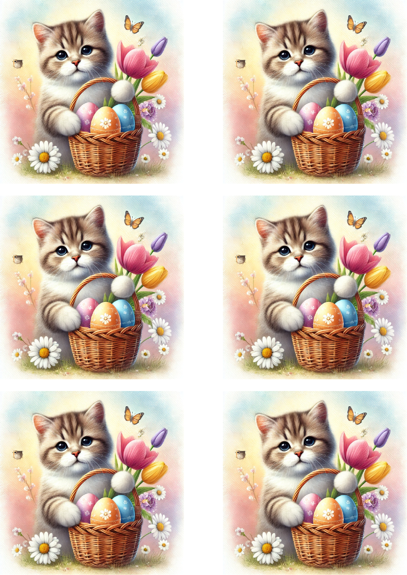 Sticker Sheet / Greeting Card – Kitten With Basket With Easter Eggs Collage Cat. No. 4301