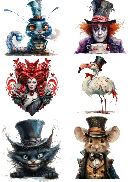 Sticker Sheet – Alice In Wonderland, Mad Hatter, White Rabbit Collage Cat. No. 4328