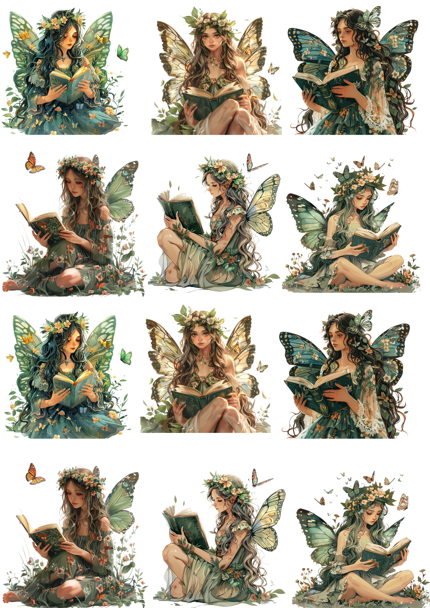Sticker Sheet / Greeting Card – Forest Fairy Sitting on Tree 4 Collage Cat. No. 4337
