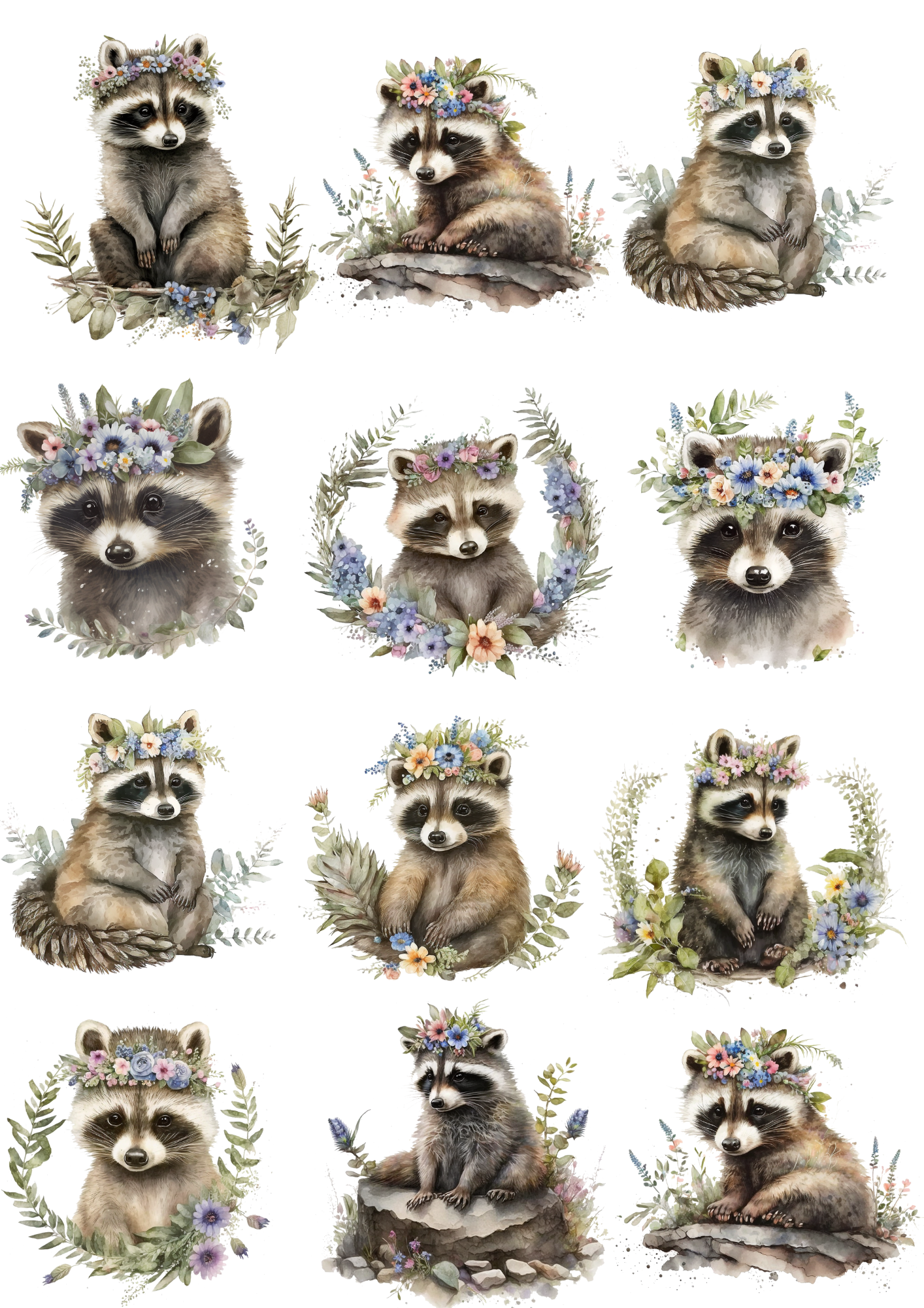 Sticker Sheet / Greeting Card – Raccoon In Wreath Collage Cat. No. 4354