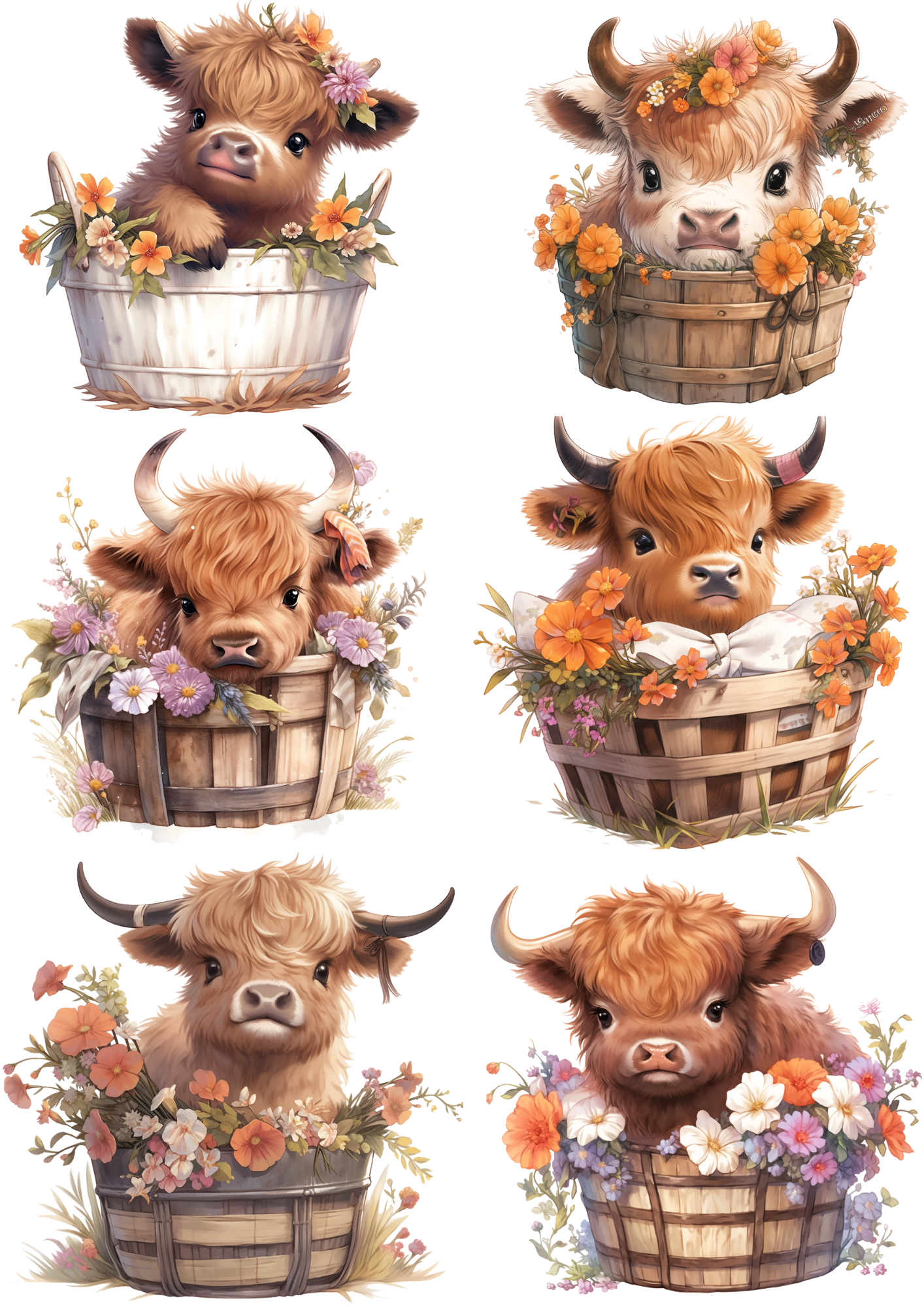 Sticker Sheet / Greeting Card – Baby Highland Cow Nesteled In Flower Basket Collage Cat. No. 4360