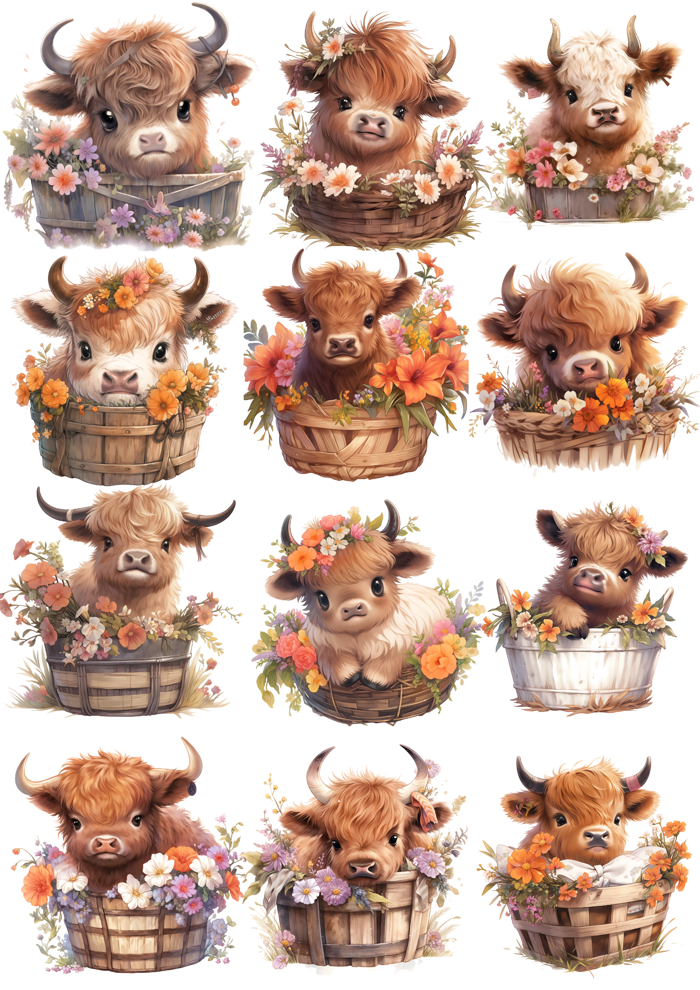 Sticker Sheet / Greeting Card – Baby Highland Cow Nesteled In Flower Basket 2 Collage Cat. No. 4361