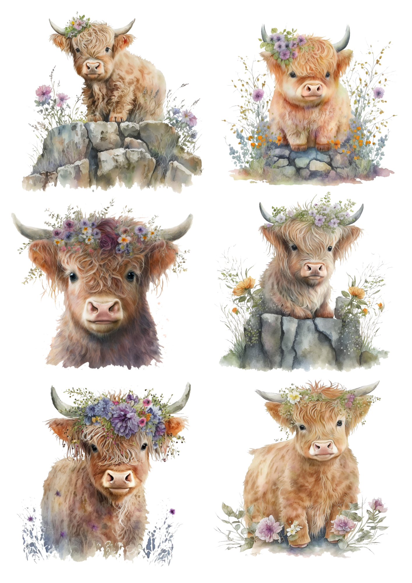 Sticker Sheet / Greeting Card – Baby Highland Cow In Flower Wreath Collage Cat. No. 4362