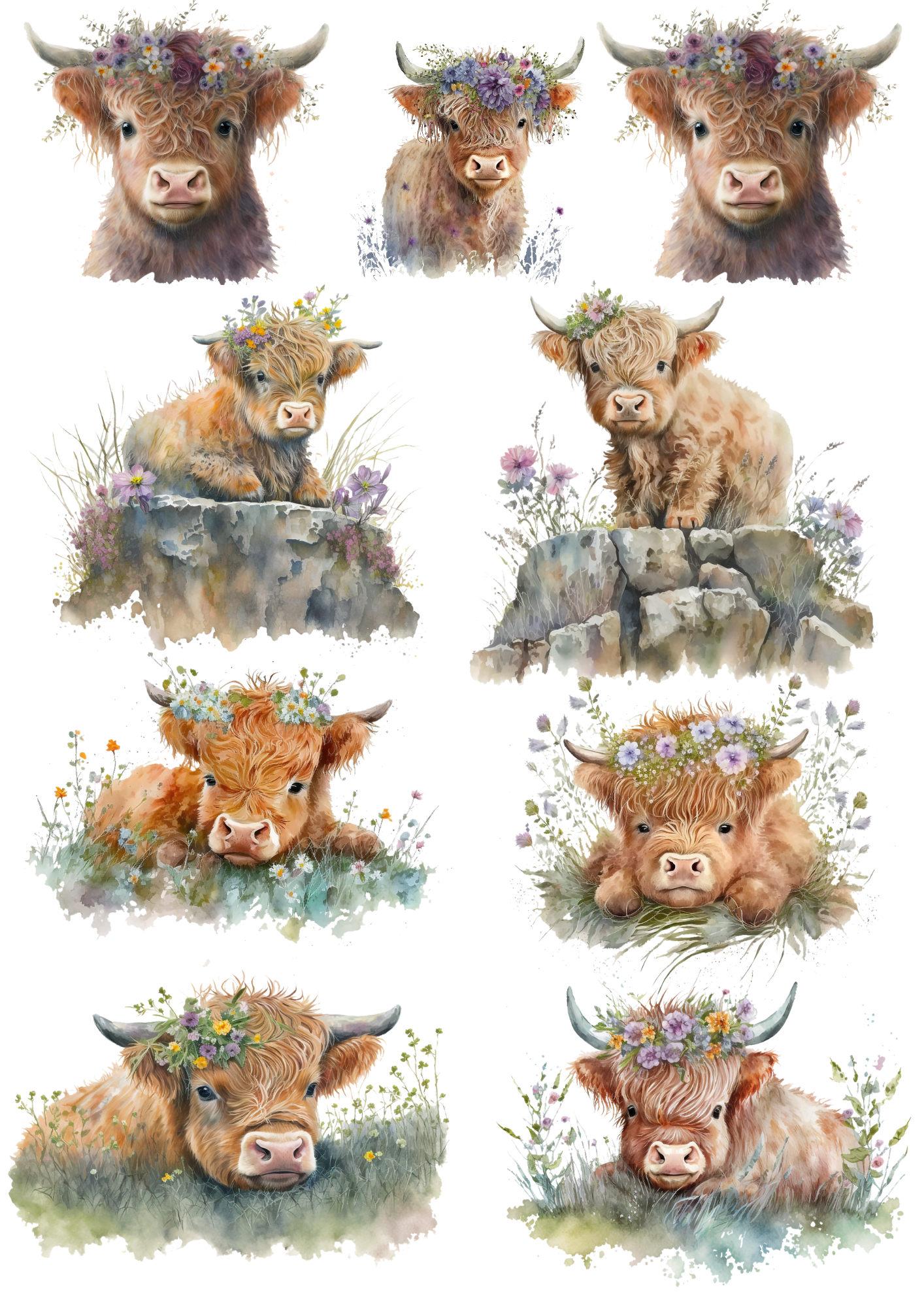 Sticker Sheet / Greeting Card – Baby Highland Cow In Flower Wreath 2 Collage Cat. No. 4363