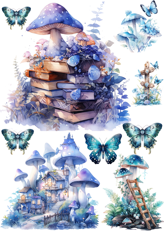 Sticker Sheet – Magic Blue Mushrooms Fairy World Collage Cat. No. 4375