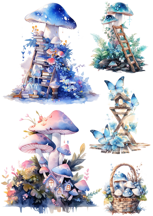 Sticker Sheet – Magic Blue Mushrooms Toadstools Fairy World Collage Cat. No. 4376
