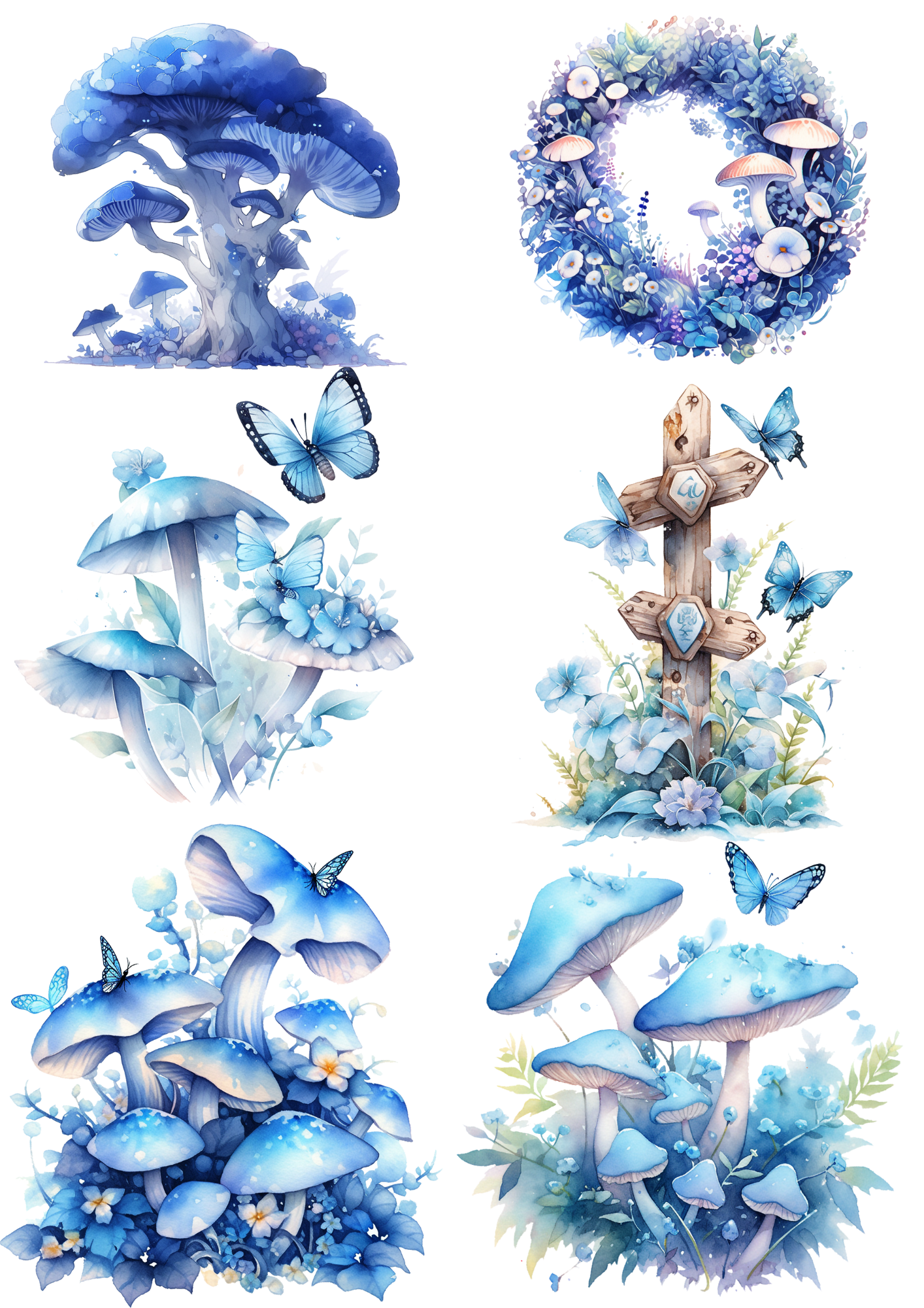 Sticker Sheet – Rice Paper Decoupage Blue Magic Mushrooms Toadstools Collage Cat. No. 4378