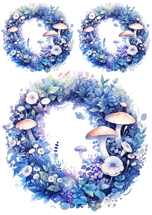 Sticker Sheet – Blue Magic Mushrooms In Wreaths Collage Cat. No. 4379