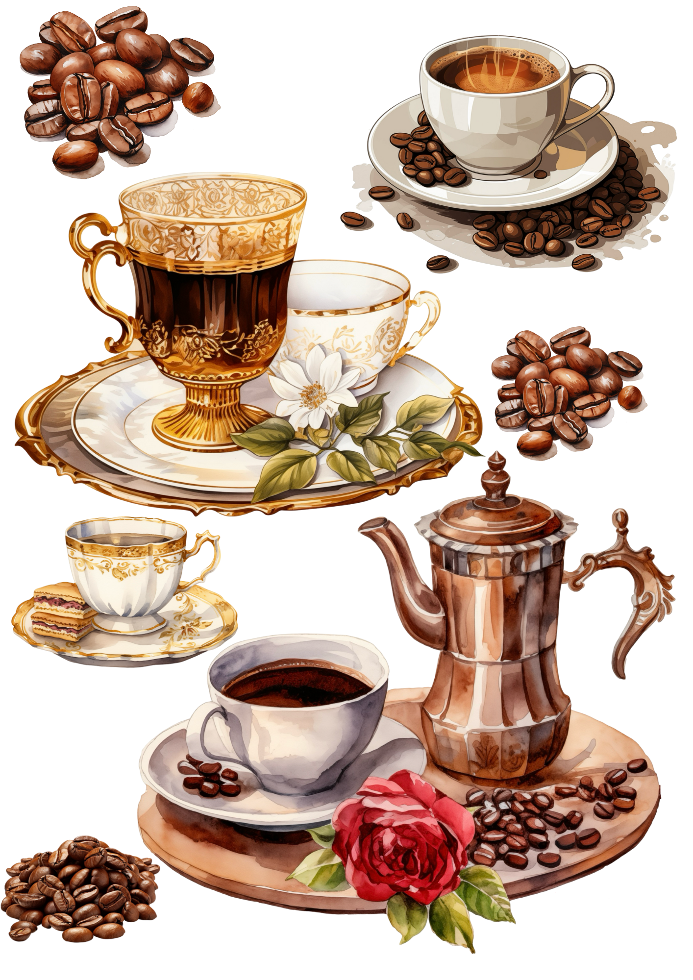 Sticker Sheet / Greeting Card – Coffee Tableware 2 Collage Cat. No. 4389