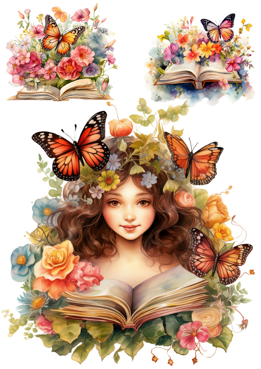 Sticker Sheet – Butterfly Over Flowers And Book Collage Cat. No. 4393