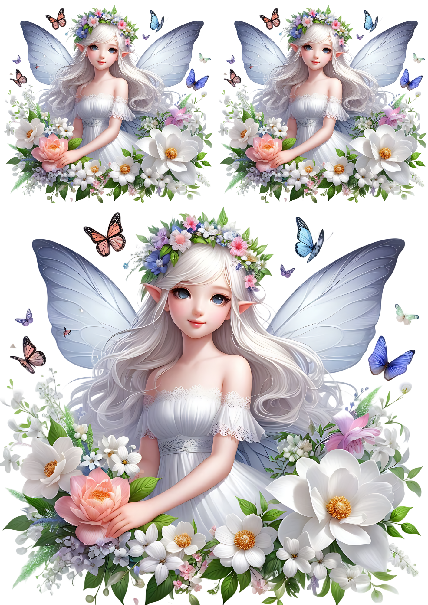 Sticker Sheet / Greeting Card – Fairy Among Butterflies And Flowers Collage Cat. No. 4395