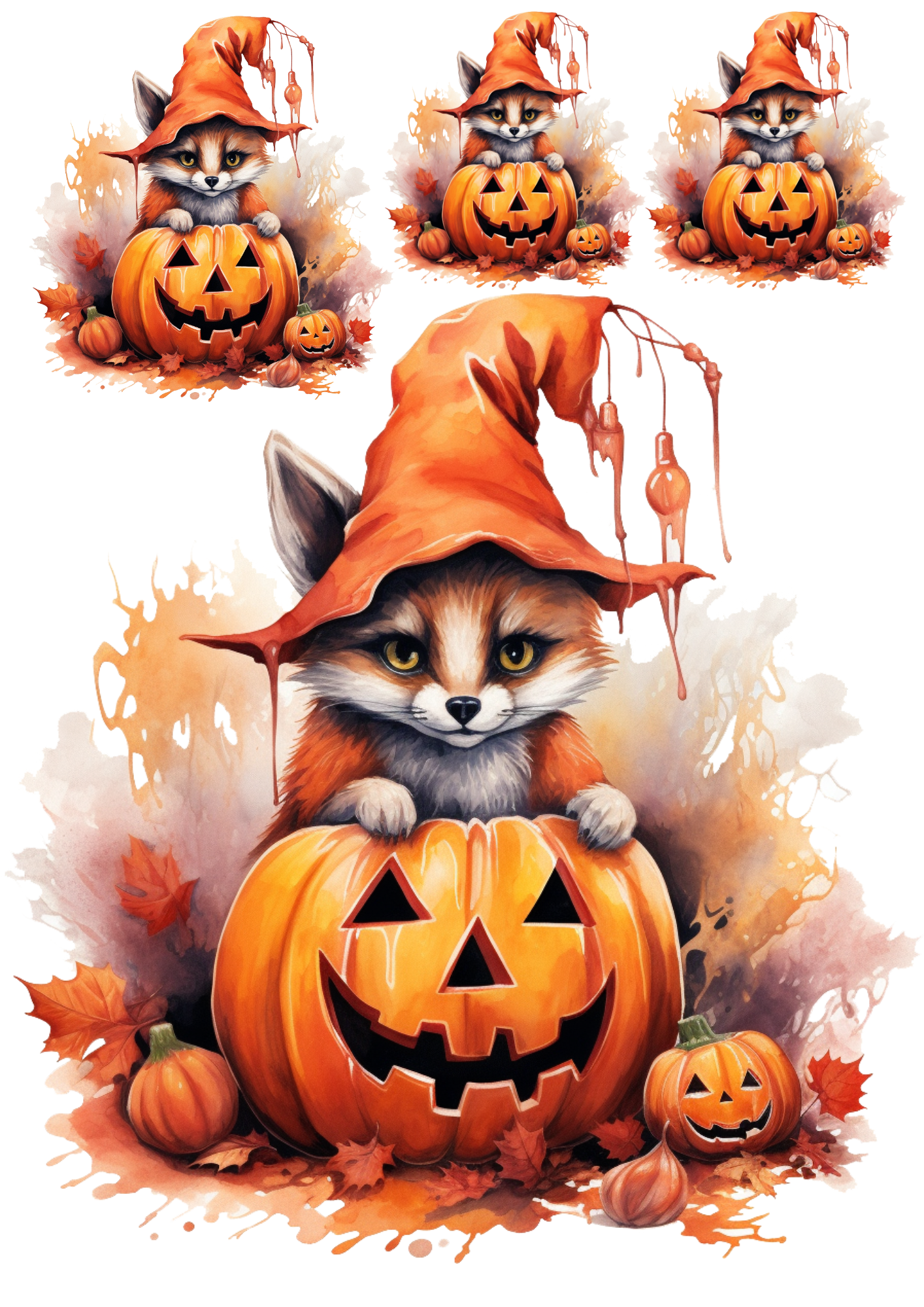 Sticker Sheet / Greeting Card – Little Fox And Halloween Pumpkins Collage Cat. No. 4406