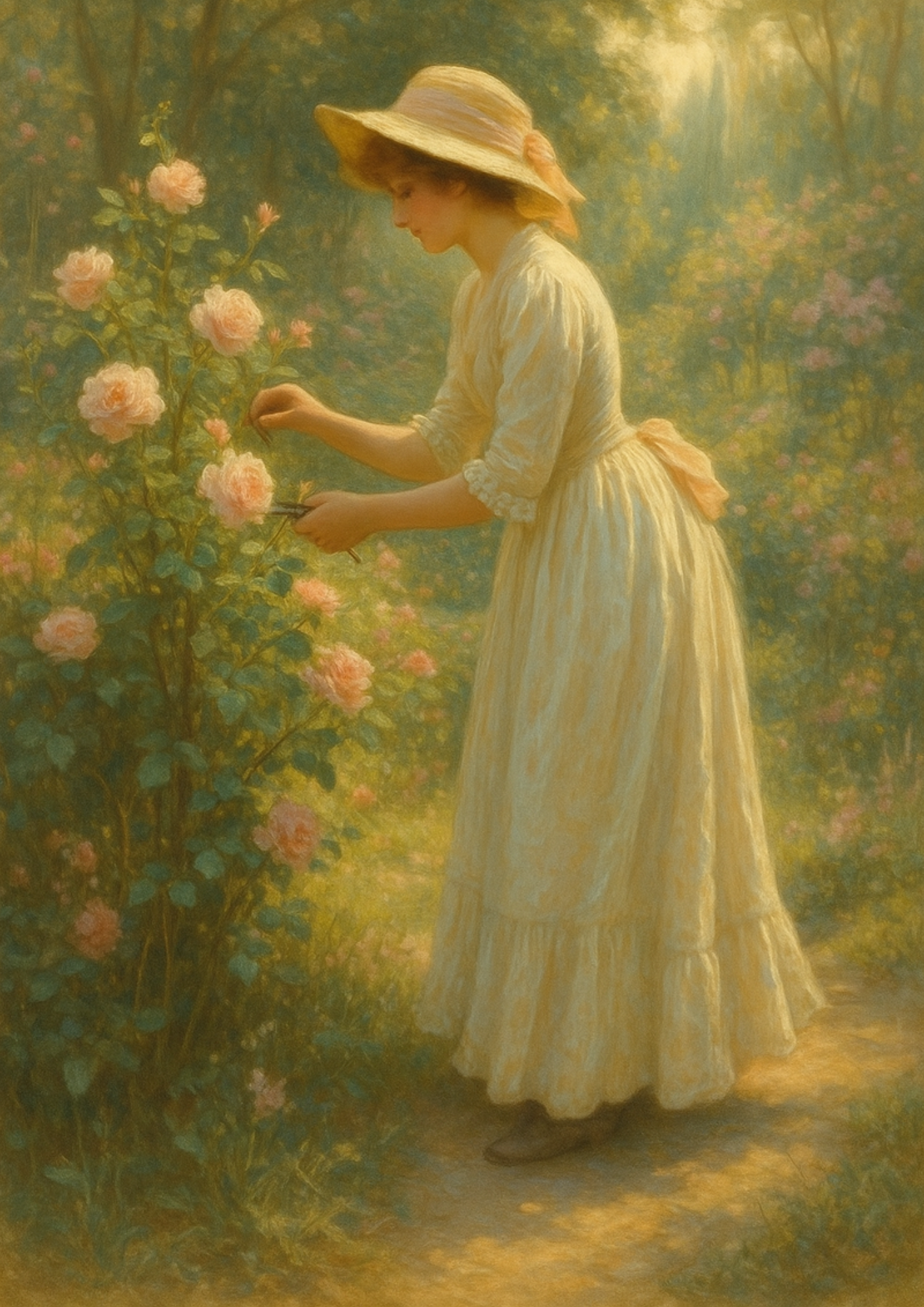 Sticker Sheet / Greeting Card – Victorian Woman In Garden Growing Roses Cat. No. 4425