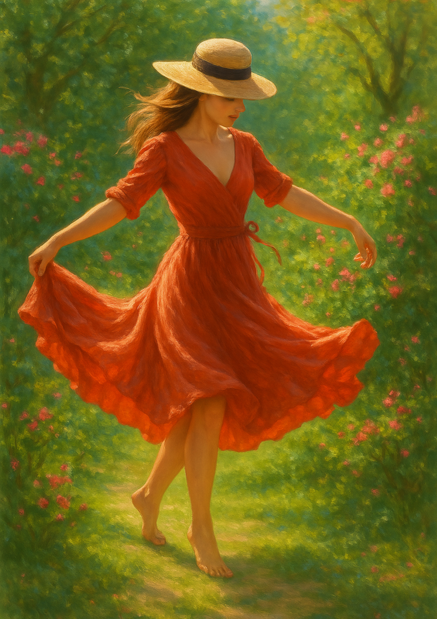 Sticker Sheet – Woman In Red Dress Dancing Barefoot On Grass Full Cat. No. 4430