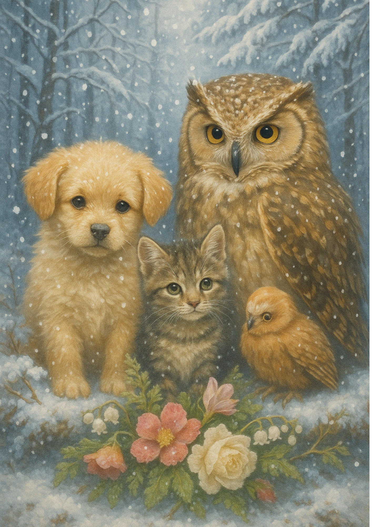 Sticker Sheet / Greeting Card – Dog Kitten And Owl In Winter Forest Full Cat. No. 4440