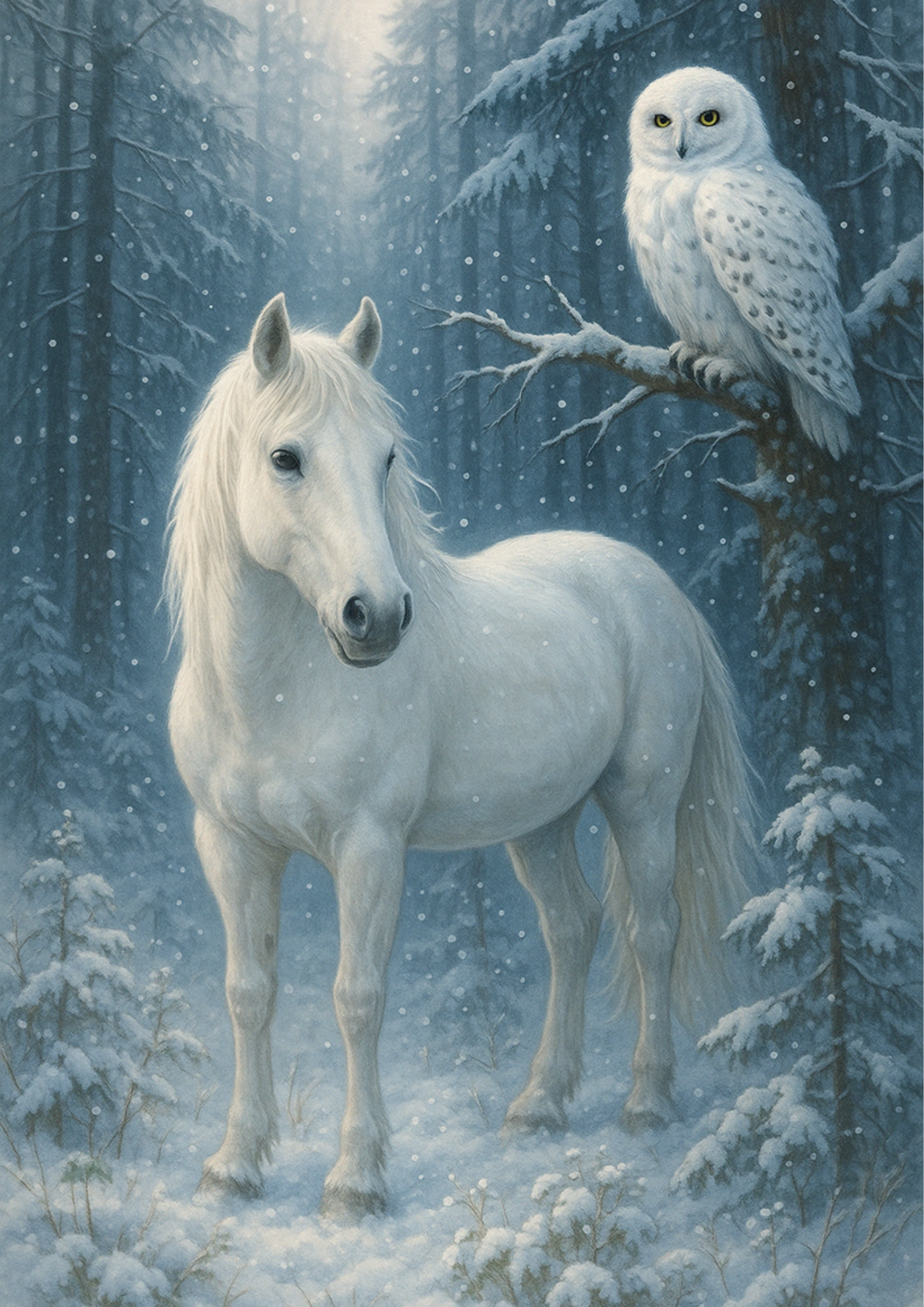 Sticker Sheet / Greeting Card – White Horse And Owl In Winter Forest Full Cat. No. 4449