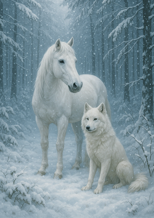 Sticker Sheet – White Horse And Wolf In Winter Forest Full Cat. No. 4451