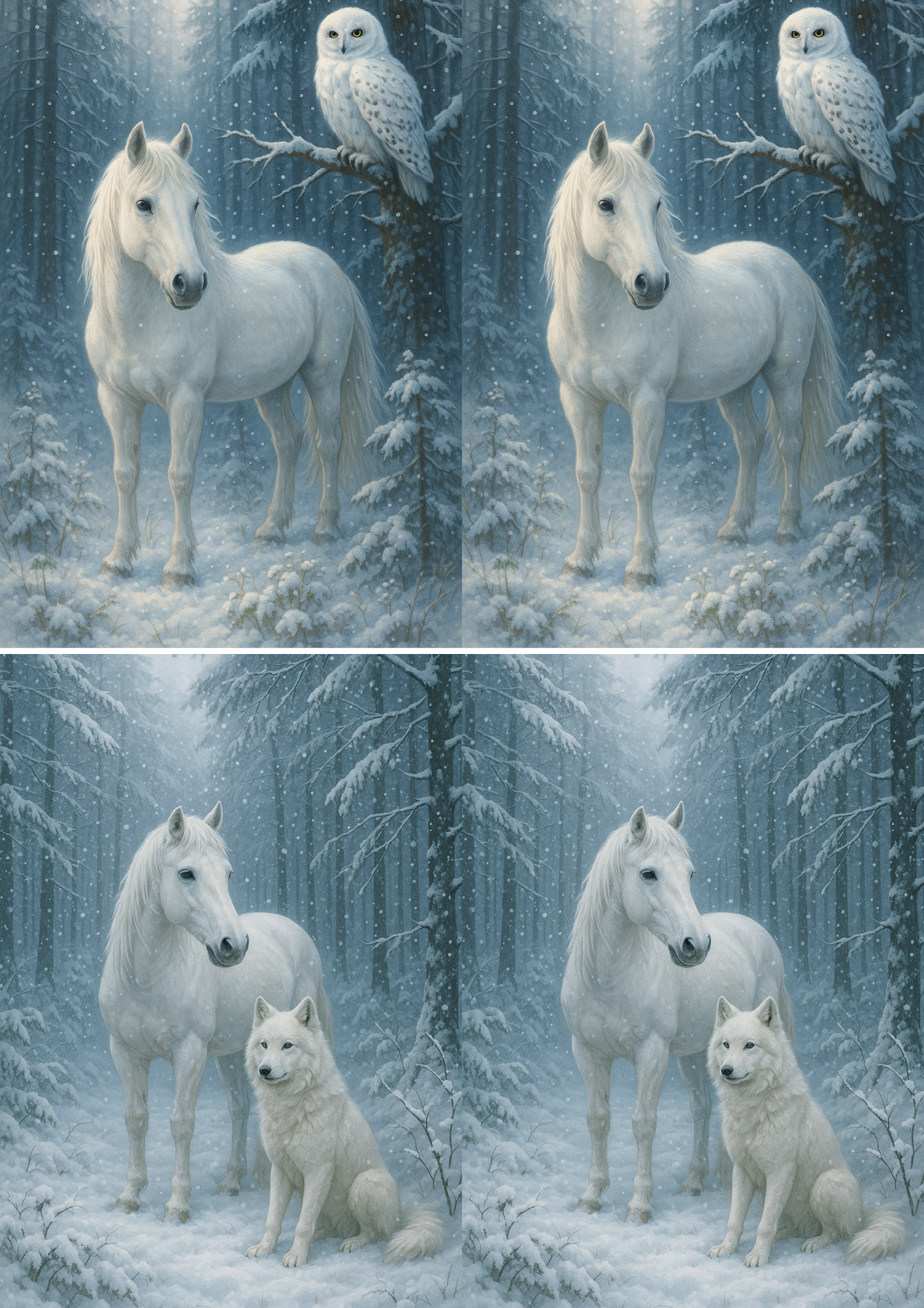 Sticker Sheet – Rice Paper Decoupage White Horse and Owl in Winter Forest Collage Cat. No. 4453