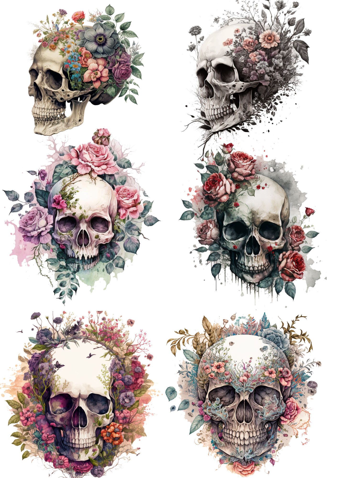 Sticker Sheet / Greeting Card – Gothic Skulls In Flowers Collage Cat. No. 4455
