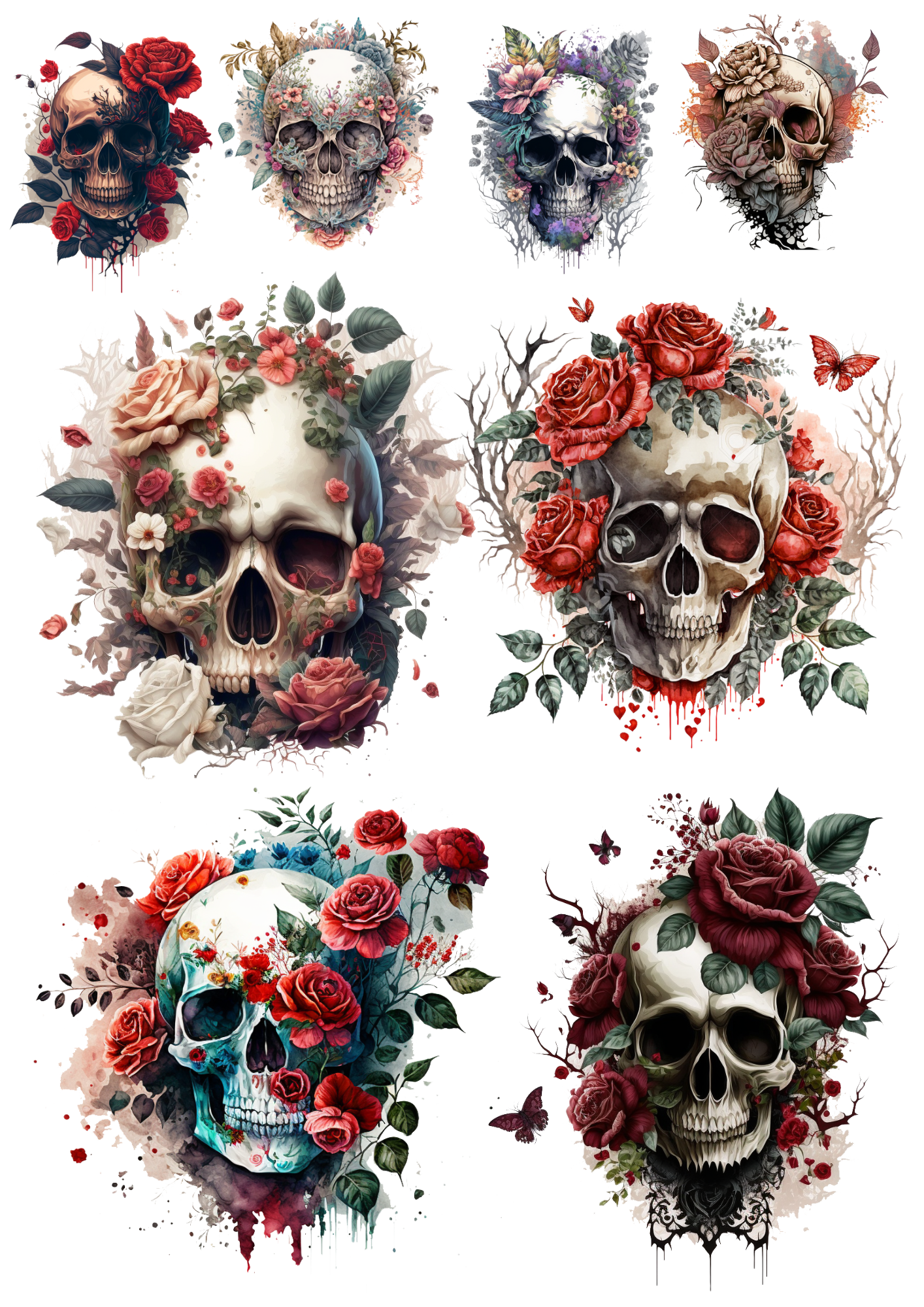 Sticker Sheet / Greeting Card – Gothic Skulls In Flowers 2 Collage Cat. No. 4456