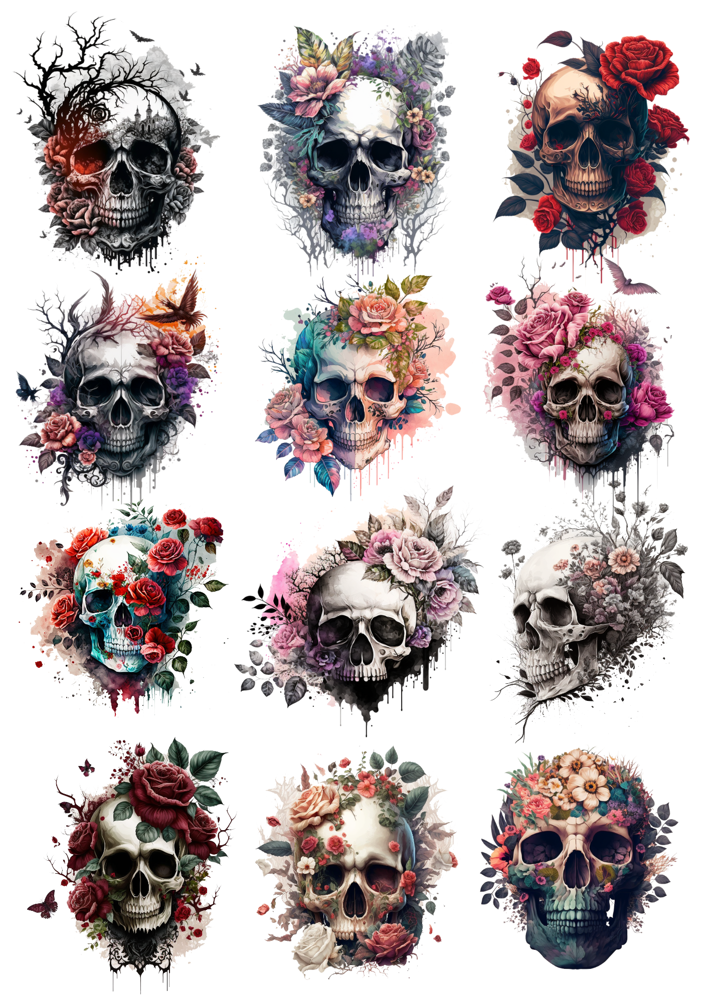 Sticker Sheet / Greeting Card – Gothic Skulls In Flowers 3 Collage Cat. No. 4457