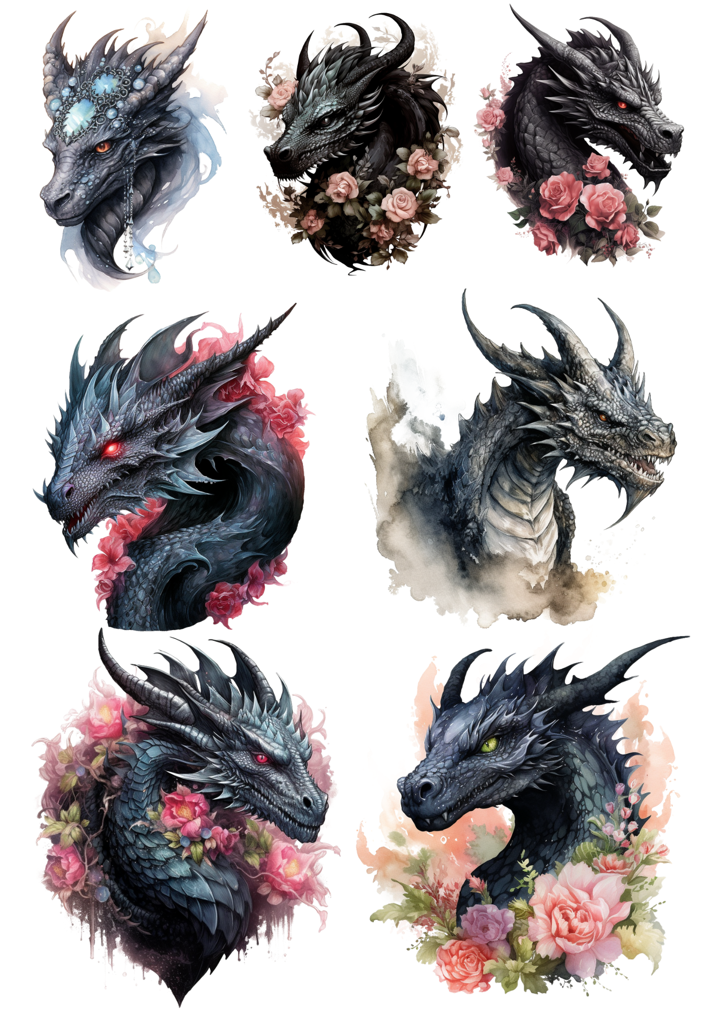 Sticker Sheet / Greeting Card – Gothic Dragons In Flowers Collage Cat. No. 4458