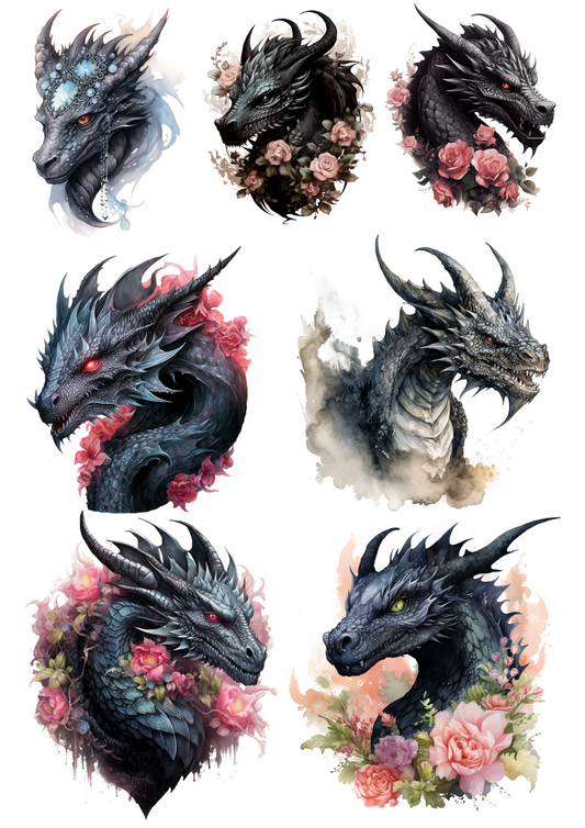 Sticker Sheet – Gothic Dragons In Flowers Collage Cat. No. 4458